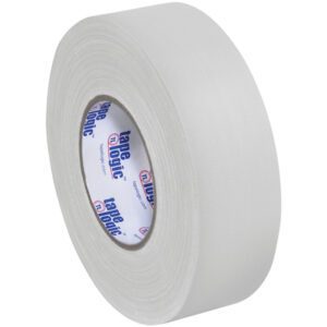 A roll of 1 x 60 yds. White Tape Logic® 11 Mil Gaffers Tape from a (3 Pack) is unrolled against a white background, revealing its textured surface and the Tape Logic® branding on the core.
