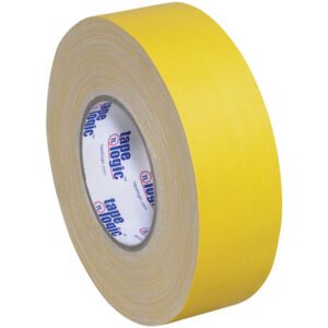 A roll of 1 x 60 yds. Yellow Tape Logic® 11 Mil Gaffers Tape, with a white inner label featuring blue and red text, is showcased against a white background and comes in a case of 48 rolls.