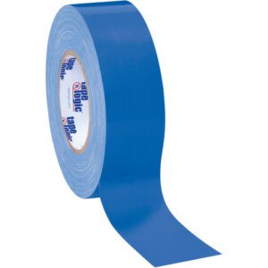A 3-pack of 2 x 60 yds. Blue Tape Logic® 10 Mil duct tape reveals one sticky end, showcasing its smooth, durable texture—ideal for bundling, sealing, or securing tasks across multiple projects.
