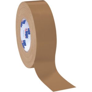 A 2 x 60 yds. brown Tape Logic® 10 Mil Duct Tape roll is partially unrolled, revealing its smooth texture and a printed core with blue and orange text.