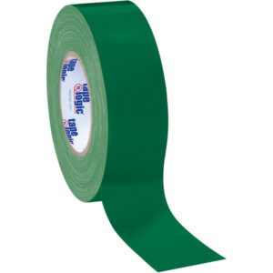 The 2 x 60 yds. Green Tape Logic® 10 Mil Duct Tape, slightly unrolled, reveals a core with blue and red text on a plain white background, showcasing the durability of each roll available in a 24-roll case.