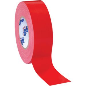 Partially unrolled, the smooth, shiny sticky underside of a 2 x 60 yds. Tape Logic® 10 Mil Duct Tape from the Red (3 Pack) is visible, with branded inner core, ideal for various tasks.