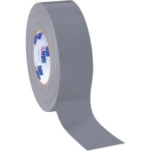 A roll of 2 x 60 yds. silver Tape Logic® 10 Mil duct tape from the (3 Pack) stands upright with a smooth, matte finish, its printed label visible inside while a portion unfurls gracefully.