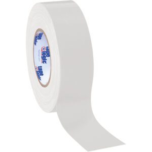 A roll of 2 x 60 yds. White Tape Logic® 10 Mil Duct Tape (24 Rolls/Case) is displayed on a plain background. The tape unwinds to reveal a smooth, glossy surface with blue and red brand markings inside, ideal for projects requiring durable adhesion.