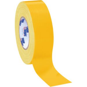 A partially unrolled roll of 2 x 60 yds. Yellow Tape Logic® 10 Mil Duct Tape reveals the brand on its core, set against a white background. This tape, for all your adhesive needs, comes in a case of 24 rolls.