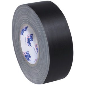 A 2 x 60 yds. Black Tape Logic® 11 Mil Gaffers Tape roll, elegantly angled, showcases its sturdy texture and thickness. The visible label confirms the unmistakable quality in each case of 24 rolls.