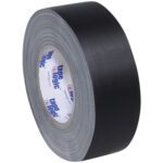 The 2 x 60 yds. Black Tape Logic® 11 Mil Gaffers Tape features a striking inner label with blue and red text, offering a textured surface for durability and reliability in your toughest tasks.