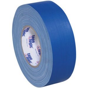 A roll of 2 x 60 yds. Blue Tape Logic® 11 Mil Gaffers Tape rests on a white surface, showcasing reliability. The vibrant blue and red Tape Logic label highlights its strength and textured finish, with cases containing 24 rolls for convenience.