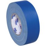 A pack of three 2 x 60 yds. Tape Logic® 11 mil blue gaffers tape is shown upright on a white background, featuring the brand name in blue and red on the cardboard core for versatile use.