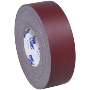 A roll from the 3 Pack of 2 x 60 yds. Burgundy Tape Logic® 11 Mil Gaffers Tape with a glossy finish stands upright, featuring a tape logic labeled inner core on white with blue text. Its textured surface ensures durability for multiple uses.