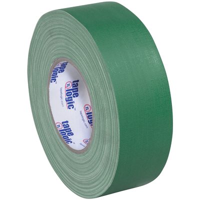 T98718G.jpg The 2 x 60 yds. Green Tape Logic® 11 Mil Gaffers Tape, featuring tape logic on the inner core, stands elegantly on its side against a white backdrop, showcasing its premium quality.