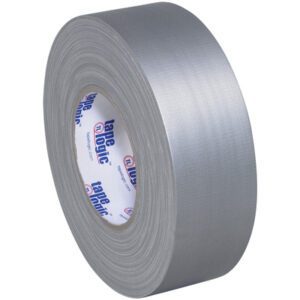 A large roll of 2 x 60 yds. Gray Tape Logic® 11 Mil Gaffers Tape (24 Rolls/Case) stands upright on its side, showcasing its textured surface. The distinctive label reveals the renowned brand, known for durability and versatility in any setting.