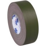 A roll of 2 x 60 yds. olive green Tape Logic® 11 Mil Gaffers Tape, showcasing thickness and adhesive texture, stands upright with a white inner label reflecting the brands reliable utility and robust design.