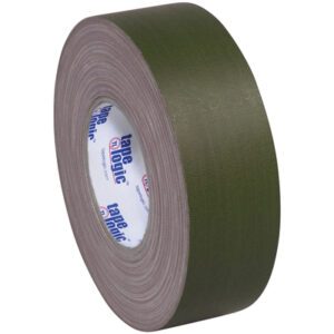 A 2 x 60 yds. Olive Green Tape Logic® 11 Mil Gaffers Tape (3 Pack) has a white core with blue and red text, partially unrolled to show its adhesive side.