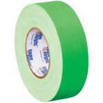 A roll of 2 x 50 yds. Fluorescent Green Tape Logic® 11 Mil Gaffers Tape (24 Rolls/Case) stands upright, highlighting its vivid green hue and texture.