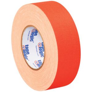 A case contains 24 rolls of 2 x 50 yds. Fluorescent Orange Tape Logic® 11 Mil Gaffers Tape, each with a label inside the core reading tape logic in blue and red text.