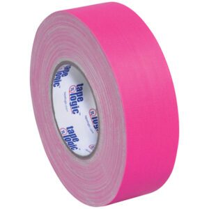 A 2 x 50 yds. roll of fluorescent pink Tape Logic® 11 Mil Gaffers Tape, featuring a textured surface, is part of a convenient 24 roll/case set.