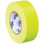 A 3-pack of 2 x 50 yds. Tape Logic® 11 Mil Gaffers Tape in fluorescent yellow, featuring a white inner ring with the brand logo in blue and red, stands upright to showcase its vibrant color and width.