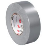 A roll of 2 x 60 yds. Silver 3M™ 6969 Duct Tape (24/Case) gleams against a white backdrop, its shiny surface accentuating the branded print on the cardboard core.