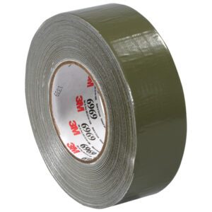 The 3-pack of 3M™ 6969 duct tape is shown in olive green with a reflective surface and an end slightly lifted, revealing the brands red and black label. Sized at 2 x 60 yds., it’s ideal for versatile uses.
