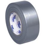 A 2 x 60 yds. Silver Tape Logic® 9 Mil Duct Tape (24 Rolls/Case) stands upright, displaying the label. This thick adhesive is perfect for sealing and repairs.