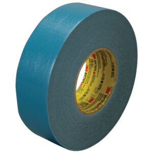 The 2 x 60 yds. Slate Blue 3M™ 8979 Duct Tape (24/Case) features a textured surface with a yellow core marked by red and black text, shown at an angle for easy viewing of both the outer layer and inner core, ideal for versatile applications.