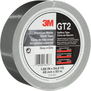 The 3M GT2 Premium Matte Cloth Gaffers Tape 3-pack offers superior adhesion, conformability, and tensile strength. Each roll is 2 x 55 yds, gray with multilingual labeling—ideal for any project needing durable tape.