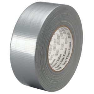 A 3 x 60 yds. Silver 3M™ 3939 Duct Tape (12 Rolls/Case) stands upright, displaying its shiny, textured surface and an open center revealing the inner cardboard core with printed text.