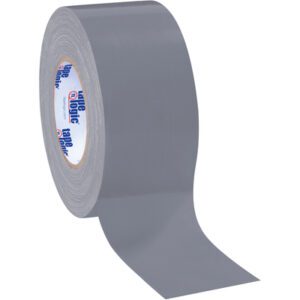 A partially unrolled roll of 3 x 60 yds. Silver Tape Logic® 9 Mil Duct Tape from a handy 3 Pack showcases its adhesive side and brand on the inner core, upright against a plain white background.