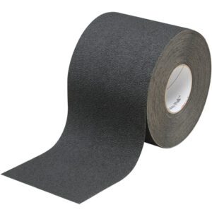 A 6 x 60 Black 3M™ Safety-Walk™ Tape roll (310 Model) partially unrolled shows its anti-slip texture. The sturdy roll stands upright, emphasizing the impressive length and dependable grip of this essential safety tool, available as one roll per case.