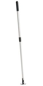 The Vestil Telescoping Alum Magnetic Pick Up Tool is a silver-colored, long-handled metal tool with a black rubber grip and a round, flat disc featuring a clip mechanism at the base, ideal for picking up or adjusting objects.