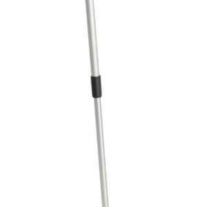 The Vestil Telescoping Alum Magnetic Pick Up Tool is a silver-colored, long-handled metal tool with a black rubber grip and a round, flat disc featuring a clip mechanism at the base, ideal for picking up or adjusting objects.