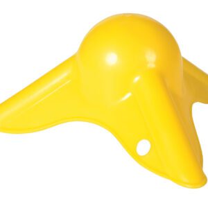 The Vestil Tarp Corner Guard, made of vibrant yellow plastic, has a dome center and three triangular wings. Its glossy finish adds charm, and a small circular hole near one wings base boosts functionality.