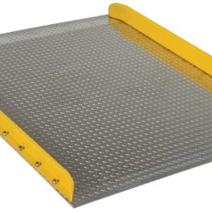 The Vestil Aluminum Dock Board Steel Curb 10K 60X72 is displayed with a textured surface, featuring distinctive raised yellow steel curbs for safety on both sides. It bridges the gap between dock and truck, offering easy loading with its slight incline and robust 10K capacity.