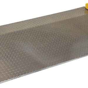 The Vestil Aluminum Dock Board Steel Curb 10K 72X36 features a diamond plate surface, yellow raised edges, and a steel curb for added durability, ensuring stability and traction. Its slightly upward angle makes it ideal for handling loads up to 10K effortlessly.