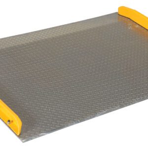 The Vestil Aluminum Dock Board Steel Curb 10K 72X48, with a textured surface and bright yellow side bumpers, is designed to bridge gaps and facilitate material transfers between levels. It features a durable steel curb and can support up to 10,000 lbs with a slight angle for seamless movement.