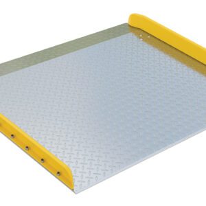 The Vestil Aluminum Dock Board Steel Curb 10K 72X60 features a diamond plate texture, steel curbs, and yellow safety edges. This ramp supports up to 10,000 lbs and is designed for efficient transport between heights.