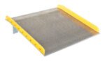 The Vestil Aluminum Dock Board Steel Curb 15K 60X60 features a textured surface and yellow edges for visibility. Its steel curbs effectively bridge gaps between trucks and loading=