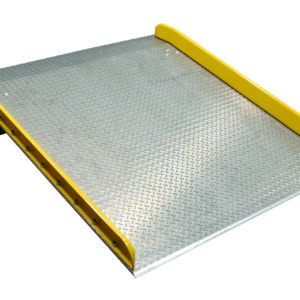 A sturdy metal ramp with a textured surface and raised yellow edges mirrors the robust design of the Vestil Aluminum Dock Board Steel Curb 15K 60X72, perfect for loading or accessibility requirements.