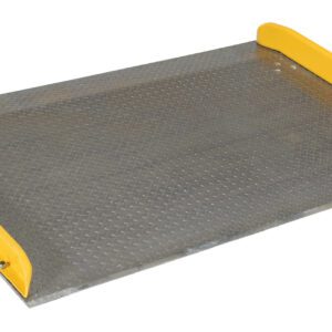 The Vestil Aluminum Dock Board Steel Curb 15K 72X36 offers a diamond tread pattern and yellow edge guards on steel curbs, providing an angled surface for stability. It measures 72x36 inches and supports up to 15,000 pounds, making it ideal for heavy-duty use.