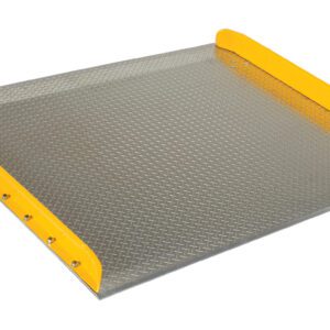 The Vestil Aluminum Dock Board Steel Curb 15K 72X60, featuring a diamond plate surface and yellow edge guards, is designed to bridge the gap between a dock and a truck for safe goods transfer.