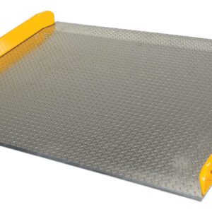 The Vestil Aluminum Dock Board Steel Curb 15K 72X72 features a textured diamond-patterned surface, steel curbs for durability, and high-visibility yellow edge guards. With its 72x72 size and 15K capacity, its ideal for loading=