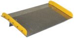 The Vestil Aluminum Dock Board Steel Curb 20K 60X36 features a metallic checker plate platform with a diamond textured surface and raised, slightly curved yellow edges on two sides, making it perfect for industrial applications.