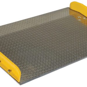 The Vestil Aluminum Dock Board Steel Curb 20K 60X36 features a metallic checker plate platform with a diamond textured surface and raised, slightly curved yellow edges on two sides, making it perfect for industrial applications.