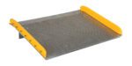 The Vestil Aluminum Dock Board Steel Curb 20K 60X48 boasts a textured surface, steel curbs, and raised yellow edges. It handles up to 20K loads, bridging the gap between a truck and loading=