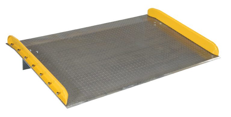 TAS-20-7248_A.jpg The Vestil Aluminum Dock Board Steel Curb 20K 72X48 has a textured metallic surface and sturdy yellow-coated steel curbs, designed for bridging gaps and moving heavy equipment safely between surfaces.