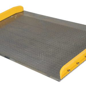 The Vestil Aluminum Dock Board Steel Curb 20K 72X60 features a textured metal ramp, yellow side bumpers, and steel curbs. Sized at 72x60 inches and supporting up to 20,000 lbs., it offers slight elevation for truck and loading bay leveling.