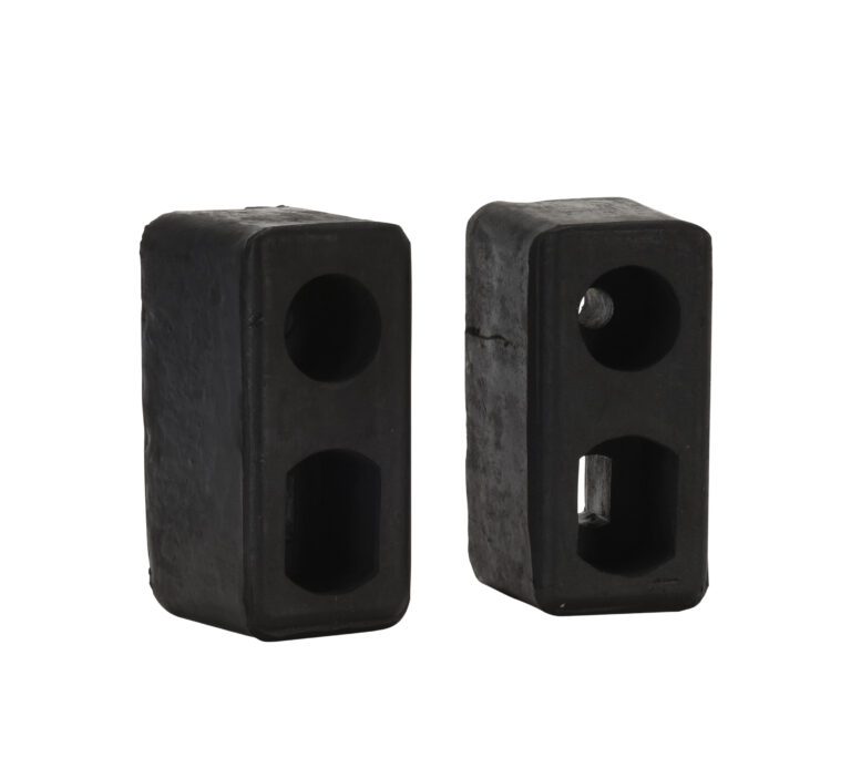 Two black Vestil Trailer/Crane Bumpers stand upright on a white background. Each rectangular rubber block features two vertically aligned holes, enhancing their minimalist and functional appearance.