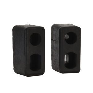 Two black Vestil Trailer/Crane Bumpers stand upright on a white background. Each rectangular rubber block features two vertically aligned holes, enhancing their minimalist and functional appearance.