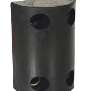 A black, cylindrical rubber object with a flat back and five evenly spaced circular holes resembles the robust Vestil Trailer Crane Bumper 3-3/4X5-5/8X7-5/8, suitable for industrial applications.